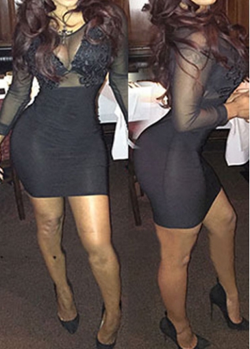 Round Neck Long Sleeve Black Bodycon Dress