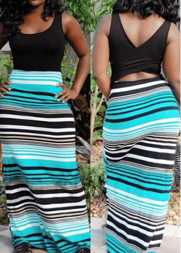 V Back Hollow Waist Striped Dress