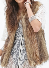 Collarless Artificial Fur Brown Waistcoat for Women