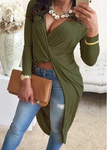 Plunging Neck Long Sleeve Twisted T Shirt