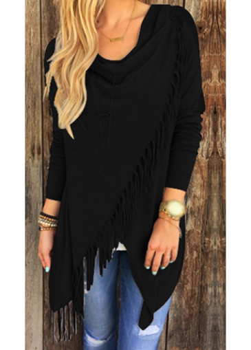 Black Cowl Neck Tassel Decorated T Shirt