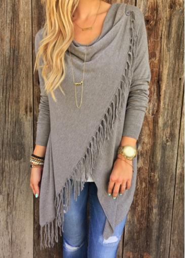 Tassel Decorated Asymmetric Hem Grey T Shirt