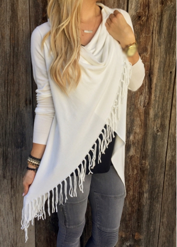 Tassel Embellished White Asymmetric T Shirt