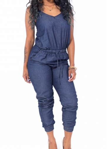 Strappy Navy Blue Drawstring Waist Jumpsuit