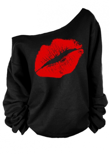 Red Lip Print Black Long Sleeve Sweats