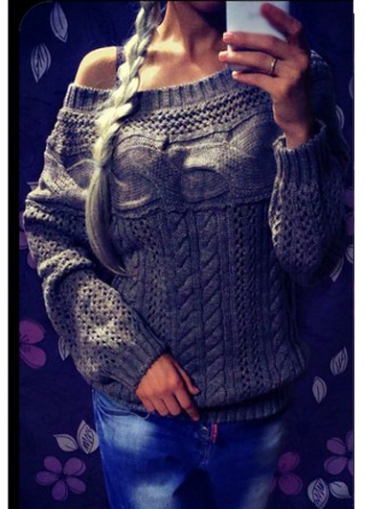 Long Sleeve Skew Neck Loose Dark Grey Sweater
