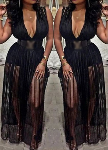 Black Plunging Neck Semi Sheer Dress