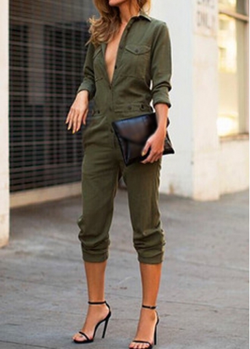 Army Green Long Sleeve Turndown Collar Jumpsuit