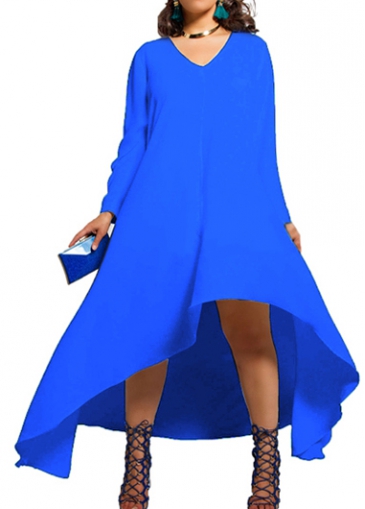 V Neck Long Sleeve Royal Blue Asymmetric Dress