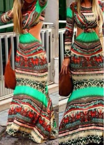 Cutout Waist Long Sleeve Printed Maxi Dress