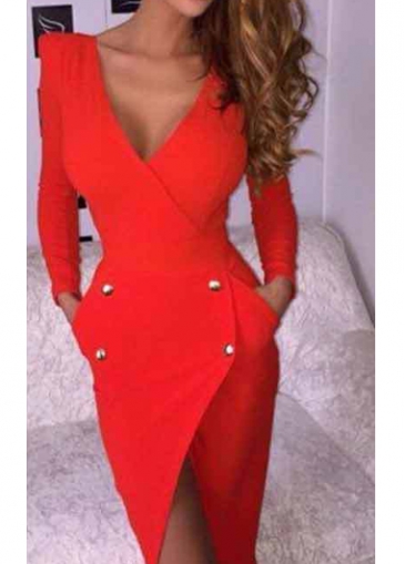 Red Long Sleeve V Back Dress