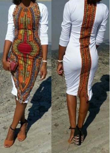 Long Sleeve Round Neck Tribal Print Dress