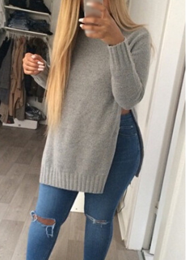 Grey Round Neck Side Slit Sweater
