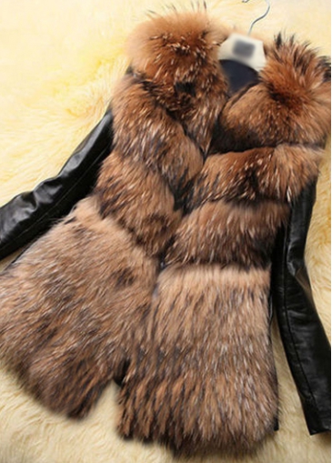 Brown Faux Fur PU Patchwork Coat