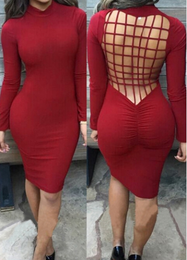 Red Long Sleeve Cutout Back Bodycon Dress