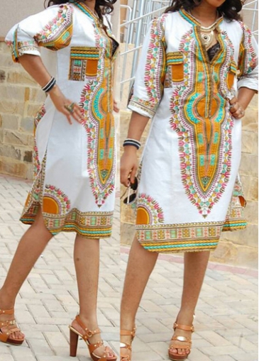 White Stand Collar Tribal Print Knee Length Dress