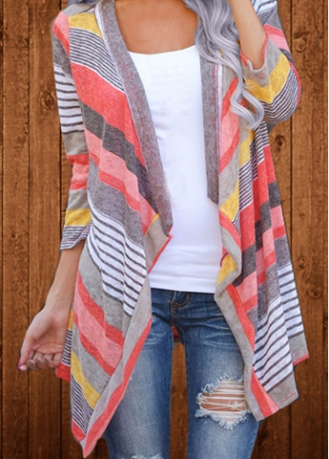 Three Quarter Sleeve Stripe Print Asymmetric Cardigan