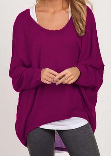 Long Sleeve Purple Round Neck Asymmetric T Shirt
