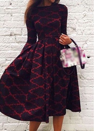 Geometric Print Black Mid Calf Dress