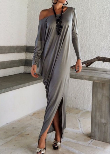 Dark Grey Long Sleeve Side Slit Maxi Dress