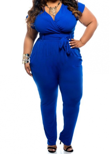 V Neck Royal Blue Belt Design Jumpsuit