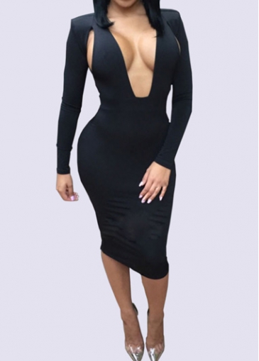 Long Sleeve Black Deep V Neck Sheath Dress