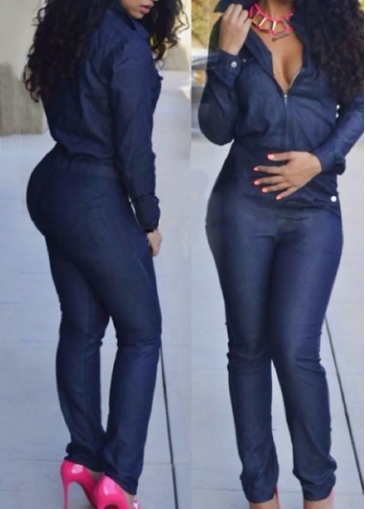 Turndown Collar Long Sleeve Navy Blue Jumpsuit