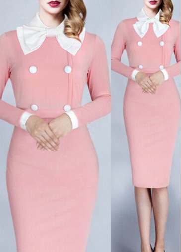 Pink Long Sleeve Bowknot Embellished Dress