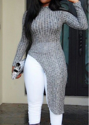 Long Sleeve High Neck Grey Asymmetric Sweater