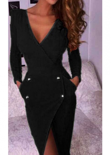 Button Decorated Open Back Black Dress