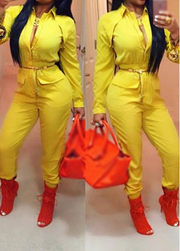 Yellow Long Sleeve Turndown Collar Jumpsuit