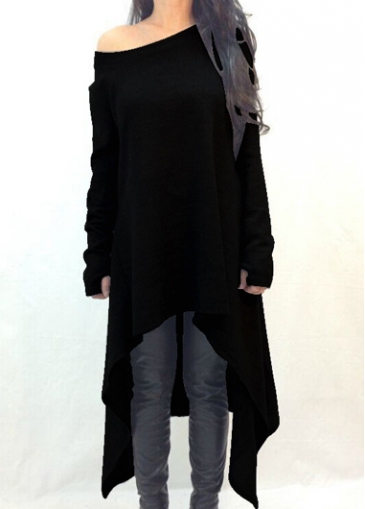 Asymmetric Hem Black Long Sleeve Sweater