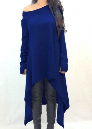 Long Sleeve Skew Neck Blue Sweater