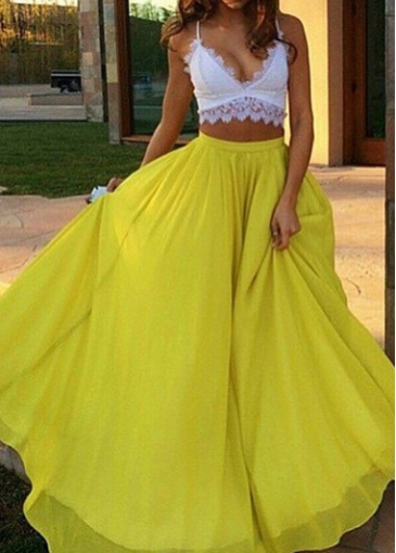 Yellow Empire Waist Chiffon Maxi Skirt 
