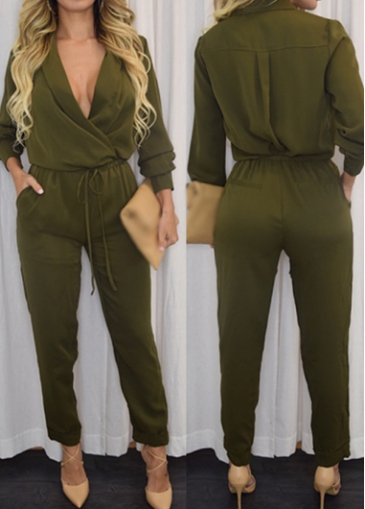 V Neck Long Sleeve Drawstring Waist Jumpsuit