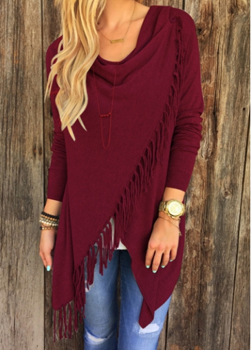 Wine Red Long Sleeve Tassel Design T Shirt