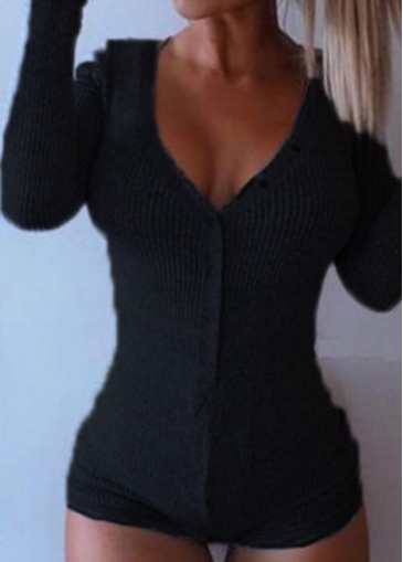 Plunging Neck Long Sleeve Black Romper