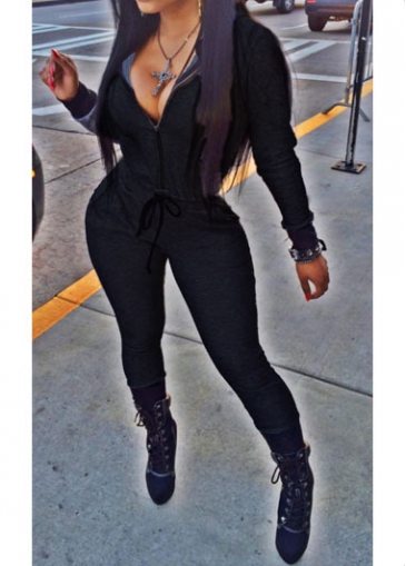 Hooded Collar Long Sleeve Skinny Jumpsuit