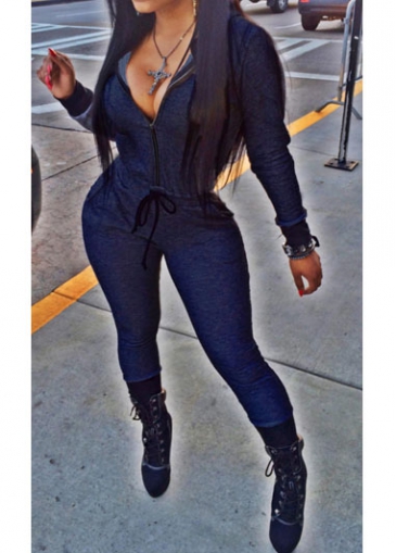 Zipper Design Hooded Collar Navy Blue Jumpsuit