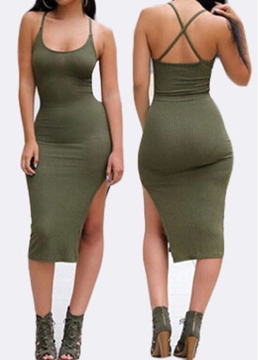 Army Green Open Back Side Slit Sheath Dress