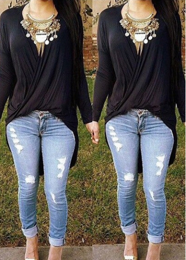 V Neck Long Sleeve Black Loose T Shirt