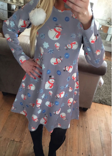 Round Neck Snowman Pattern Grey Dress