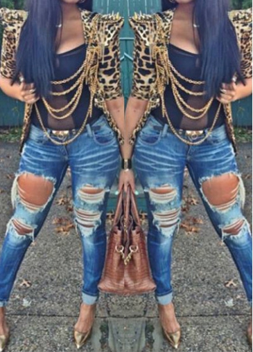 Leopard Print Rivet Embellished Half Sleeve Blazer