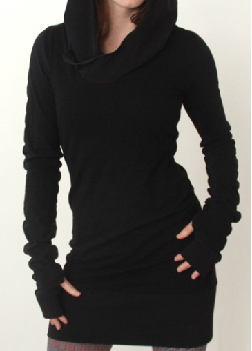 Long Sleeve Black Hooded Collar Mini Dress