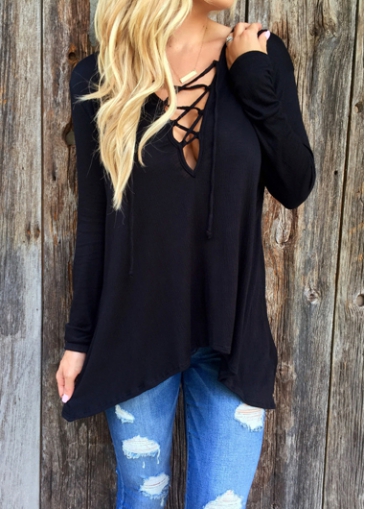 Long Sleeve Black Asymmetric Hem T Shirt