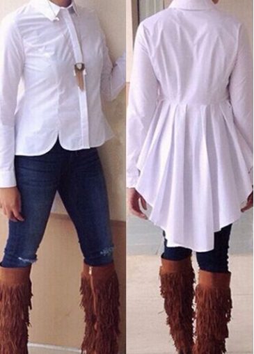 Turndown Collar Asymmetric Hem White Blouse