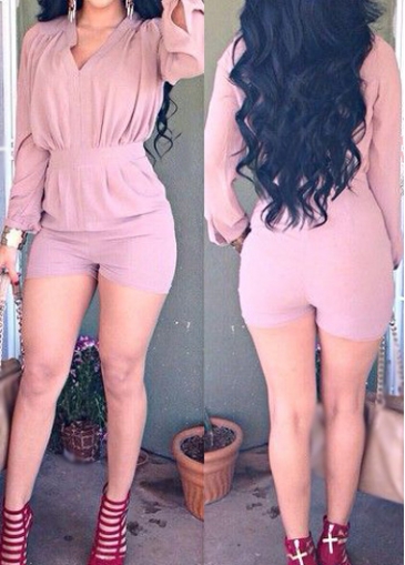 Long Sleeve V Neck Pink Romper