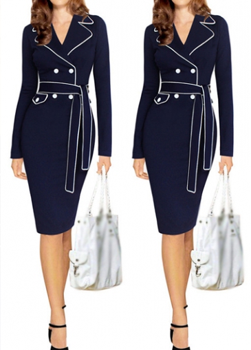 Button Embellished Navy Blue Bodycon Dress