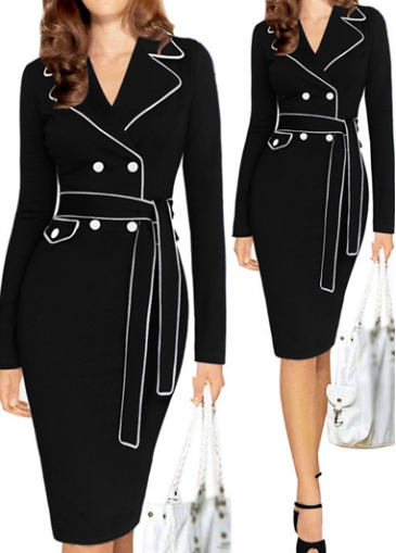 Black Turndown Collar Button Decorated Dress