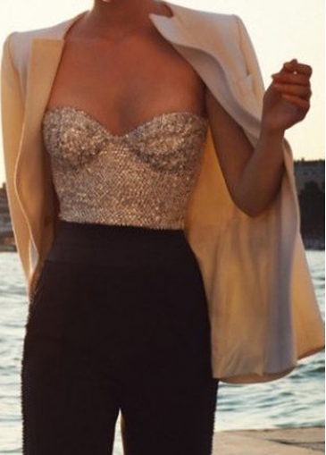 Sequin Decorated Open Back Crop Top